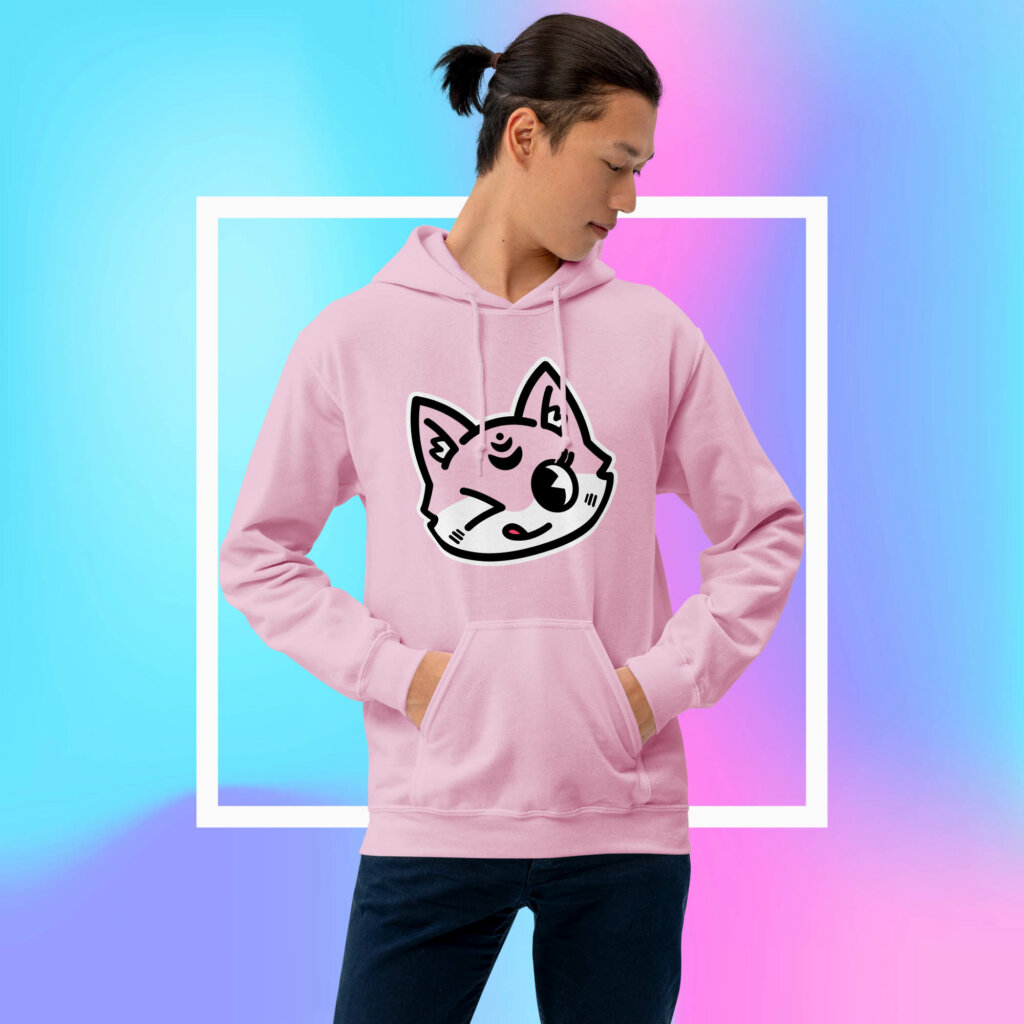 A person wearing a bright pink hoodie with Hachi winking.